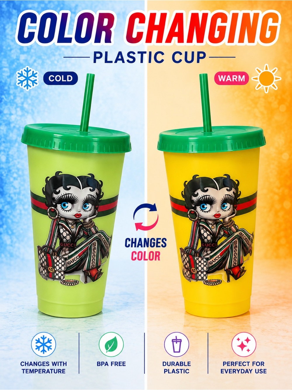 Gucci Betty Boop color changing Green Reusable Tumbler with Lid and Straw